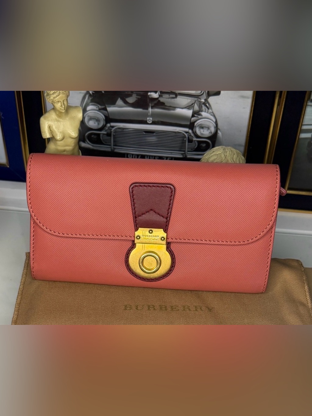 Burberry Halton Continental Wallet Coral And Burgundy Leather With Gold Hardware
